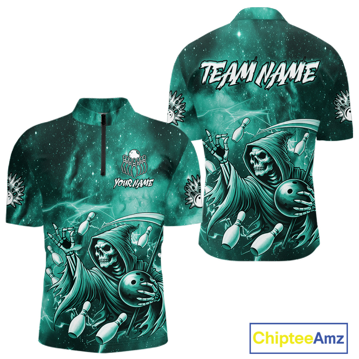 Funny Teal Grim Reaper Galaxy Bowling Shirt For Men Custom Bowling Team Jersey Polo & 1/4 Zip TDM7248