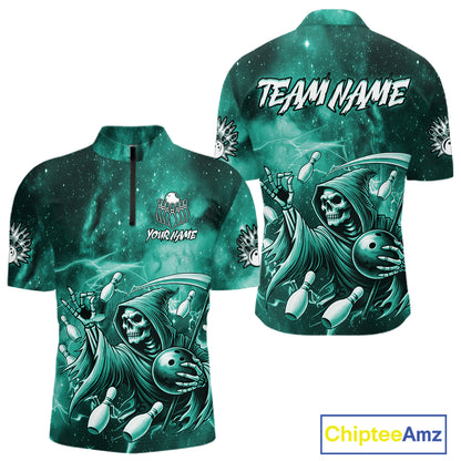 Funny Teal Grim Reaper Galaxy Bowling Shirt For Men Custom Bowling Team Jersey Polo & 1/4 Zip TDM7248
