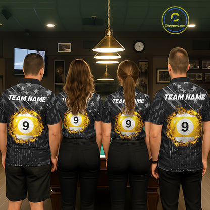 Black US Flag 9 Ball Fire Billiard Shirt For Men Custom Pool Team Billiard Jersey Polo & 1/4 Zip TDM5461