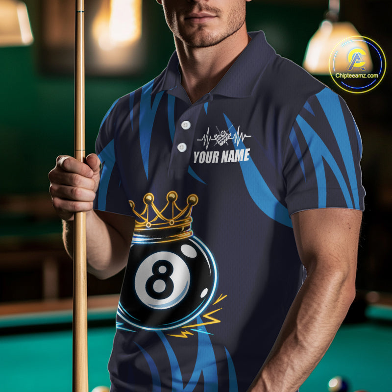 Blue Funny 8 Ball Pool Crown Neon Billiard Shirt For Men Custom Billiard Team Jersey Polo, 1/4 Zip TDM5737
