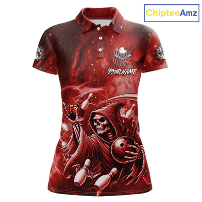 Funny Red Grim Reaper Galaxy Bowling Shirt For Women Custom Bowling Team Jersey Polo & 1/4 Zip TDM6078