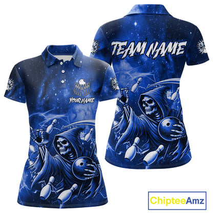 Funny Blue Grim Reaper Galaxy Bowling Shirt For Women Custom Bowling Team Jersey Polo & 1/4 Zip TDM6079