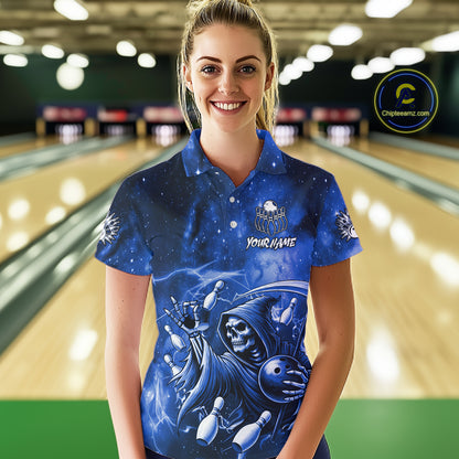 Funny Blue Grim Reaper Galaxy Bowling Shirt For Women Custom Bowling Team Jersey Polo & 1/4 Zip TDM6079