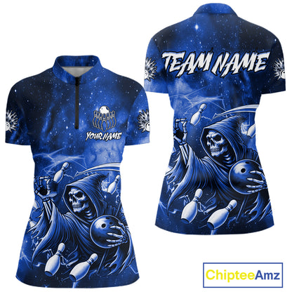 Funny Blue Grim Reaper Galaxy Bowling Shirt For Women Custom Bowling Team Jersey Polo & 1/4 Zip TDM6079