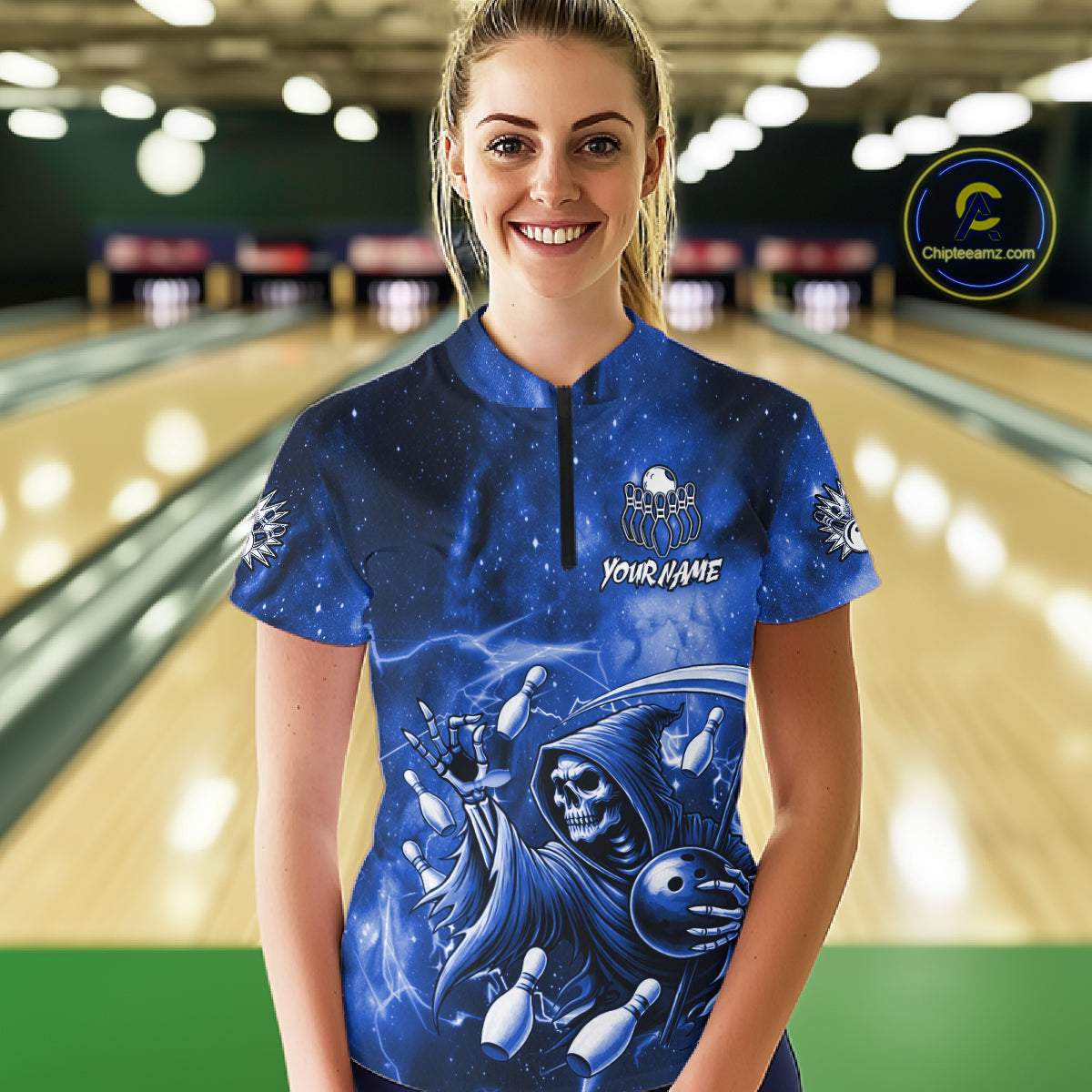 Funny Blue Grim Reaper Galaxy Bowling Shirt For Women Custom Bowling Team Jersey Polo & 1/4 Zip TDM6079