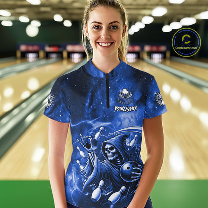 Funny Blue Grim Reaper Galaxy Bowling Shirt For Women Custom Bowling Team Jersey Polo & 1/4 Zip TDM6079