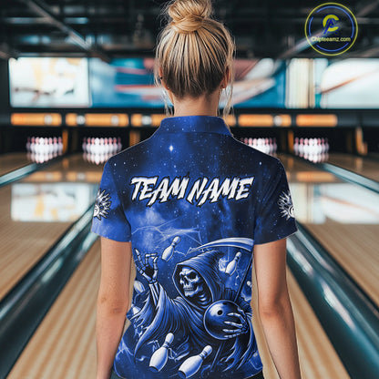 Funny Blue Grim Reaper Galaxy Bowling Shirt For Women Custom Bowling Team Jersey Polo & 1/4 Zip TDM6079