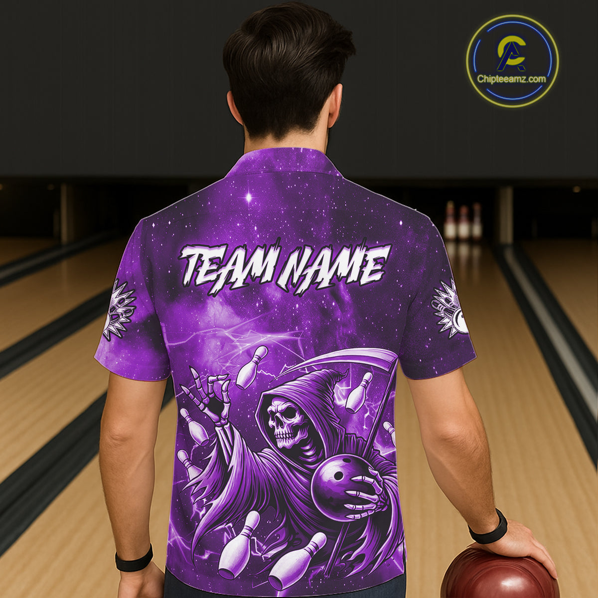 Funny Purple Grim Reaper Galaxy Hawaiian Bowling Shirt For Women Custom Bowling Team Jersey Outfit TDM6080