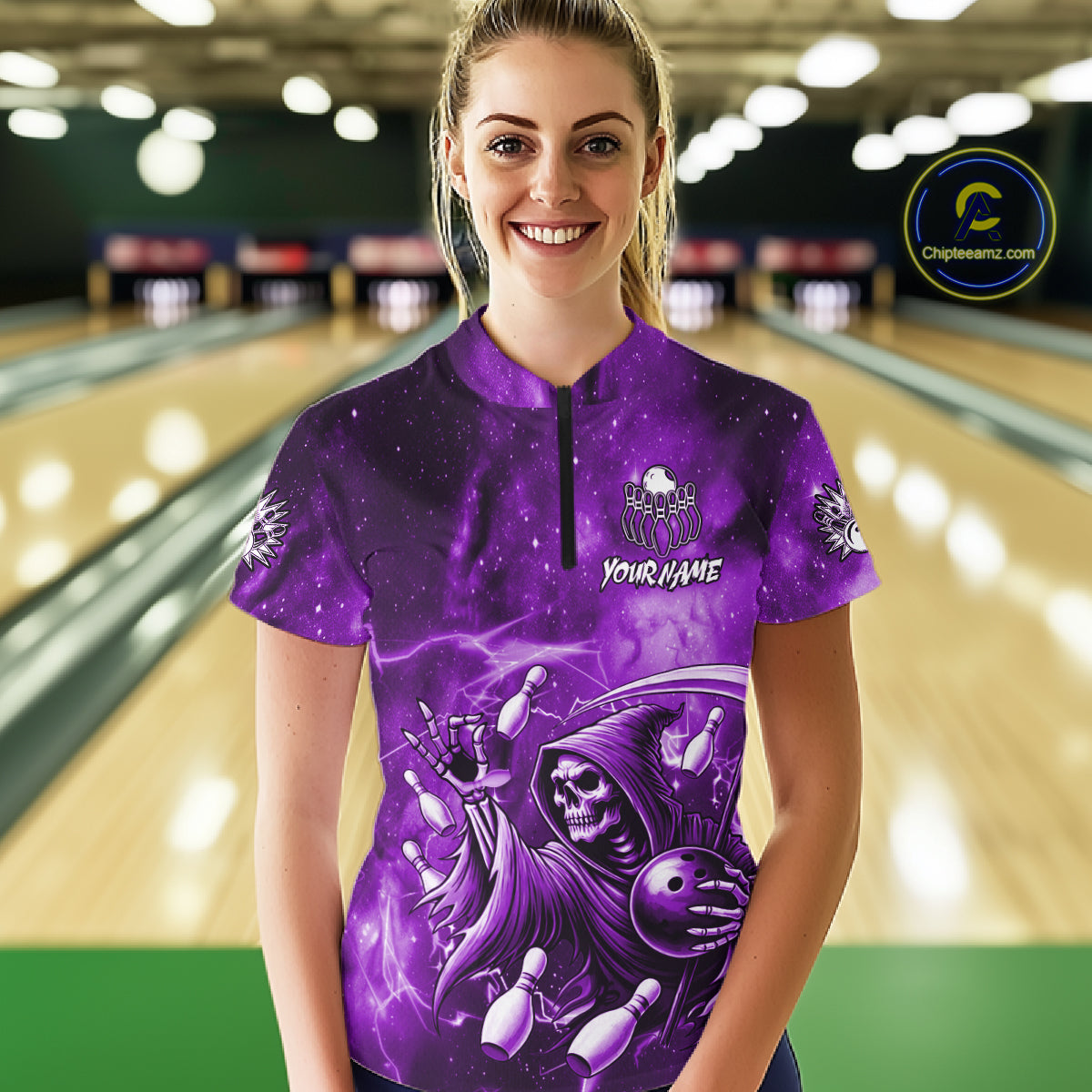 Funny Purple Grim Reaper Galaxy Bowling Shirt For Women Custom Bowling Team Jersey Polo & 1/4 Zip TDM6080