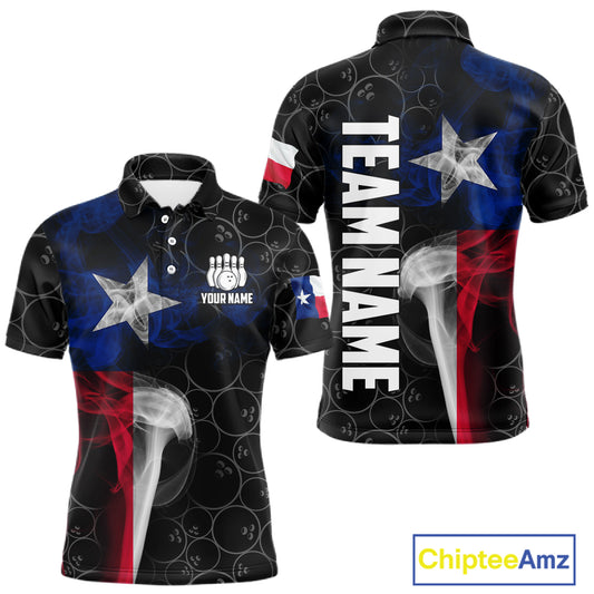 Personalized Texas Flag Smoke Bowling Shirt For Men, Patriotic Bowling Team Jersey Polo & 1/4 Zip TDM6088