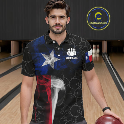Personalized Texas Flag Smoke Bowling Shirt For Men, Patriotic Bowling Team Jersey Polo & 1/4 Zip TDM6088