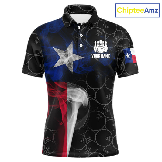 Personalized Texas Flag Smoke Bowling Shirt For Men, Patriotic Bowling Team Jersey Polo & 1/4 Zip TDM6088