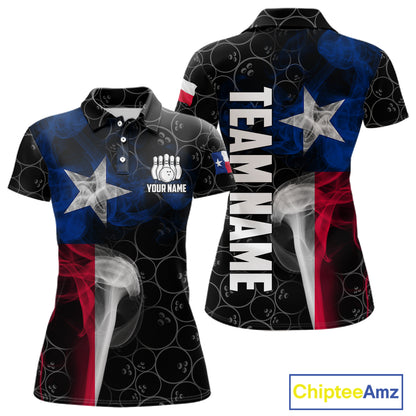 Personalized Texas Flag Smoke Bowling Shirt For Women, Patriotic Bowling Team Jersey Polo & 1/4 Zip TDM6088