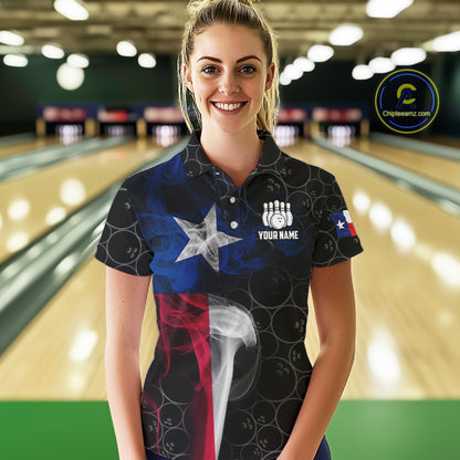Personalized Texas Flag Smoke Bowling Shirt For Women, Patriotic Bowling Team Jersey Polo & 1/4 Zip TDM6088