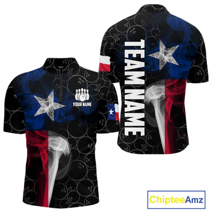 Personalized Texas Flag Smoke Bowling Shirt For Men, Patriotic Bowling Team Jersey Polo & 1/4 Zip TDM6088