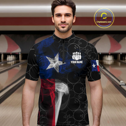 Personalized Texas Flag Smoke Bowling Shirt For Men, Patriotic Bowling Team Jersey Polo & 1/4 Zip TDM6088
