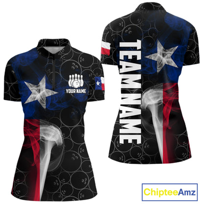 Personalized Texas Flag Smoke Bowling Shirt For Women, Patriotic Bowling Team Jersey Polo & 1/4 Zip TDM6088