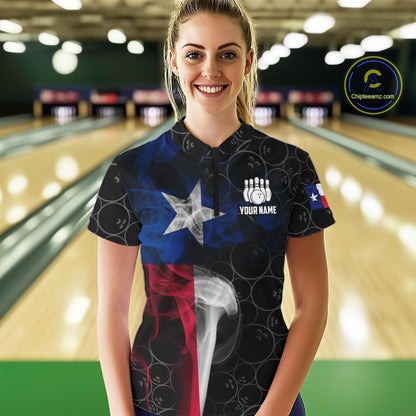 Personalized Texas Flag Smoke Bowling Shirt For Women, Patriotic Bowling Team Jersey Polo & 1/4 Zip TDM6088