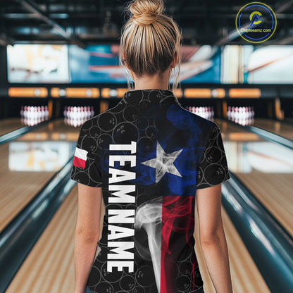 Personalized Texas Flag Smoke Bowling Shirt For Women, Patriotic Bowling Team Jersey Polo & 1/4 Zip TDM6088