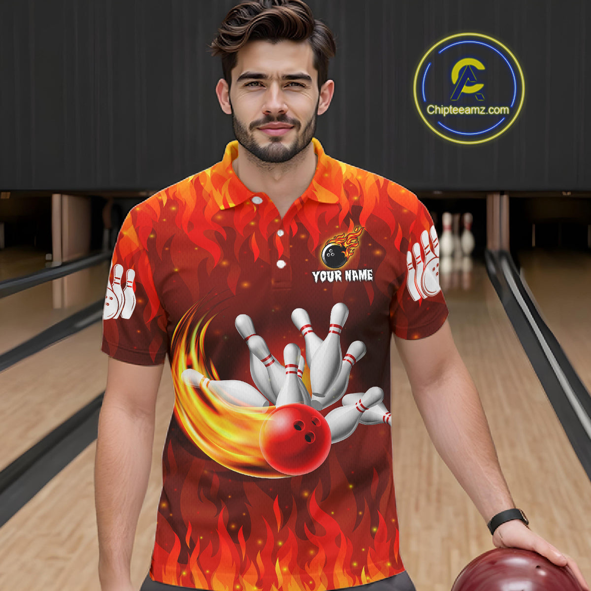 Personalized Flame Red Bowling Shirt For Men Custom Fire Bowling Team Jersey Polo & 1/4 Zip TDM6089
