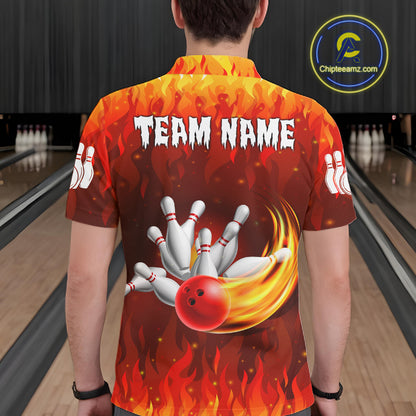 Personalized Flame Red Bowling Shirt For Men Custom Fire Bowling Team Jersey Polo & 1/4 Zip TDM6089