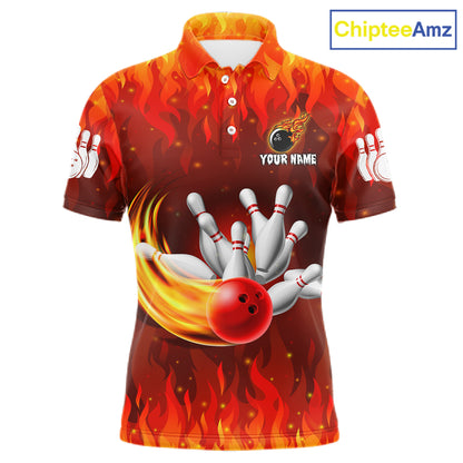 Personalized Flame Red Bowling Shirt For Men Custom Fire Bowling Team Jersey Polo & 1/4 Zip TDM6089