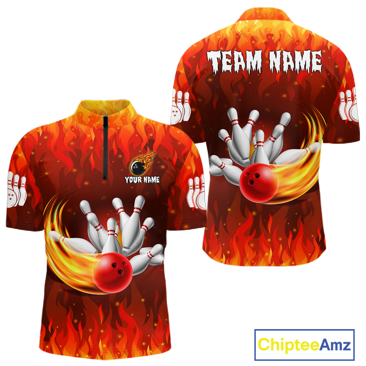 Personalized Flame Red Bowling Shirt For Men Custom Fire Bowling Team Jersey Polo & 1/4 Zip TDM6089