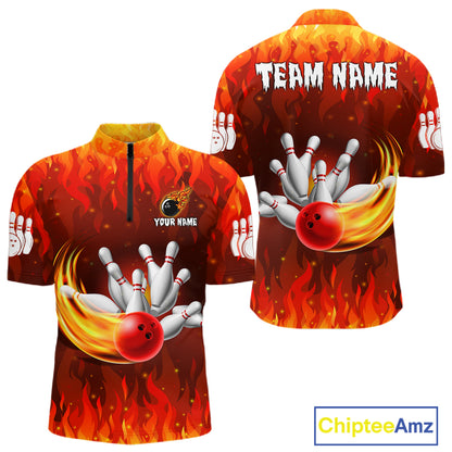 Personalized Flame Red Bowling Shirt For Men Custom Fire Bowling Team Jersey Polo & 1/4 Zip TDM6089