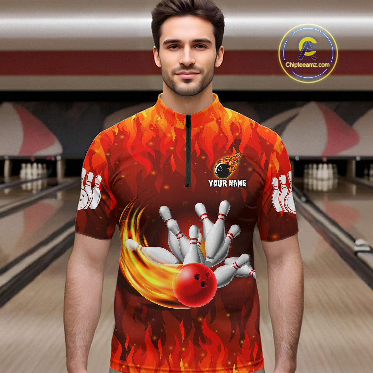 Personalized Flame Red Bowling Shirt For Men Custom Fire Bowling Team Jersey Polo & 1/4 Zip TDM6089
