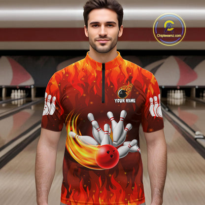 Personalized Flame Red Bowling Shirt For Men Custom Fire Bowling Team Jersey Polo & 1/4 Zip TDM6089