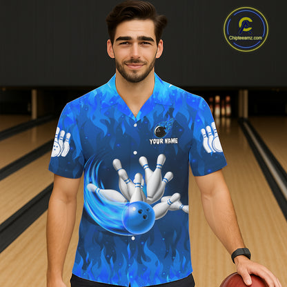Personalized Flame Blue Hawaiian Bowling Shirt For Women Custom Fire Bowling Team Jersey TDM6090