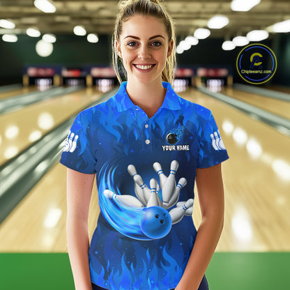Personalized Flame Blue Bowling Shirt For Women Custom Fire Bowling Team Jersey Polo & 1/4 Zip TDM6090