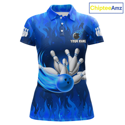Personalized Flame Blue Bowling Shirt For Women Custom Fire Bowling Team Jersey Polo & 1/4 Zip TDM6090