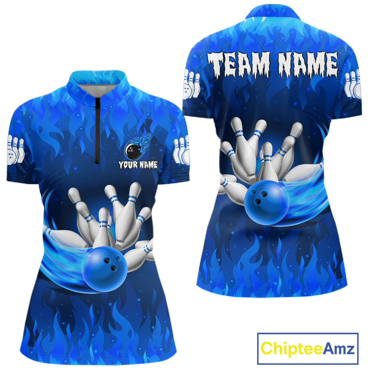 Personalized Flame Blue Bowling Shirt For Women Custom Fire Bowling Team Jersey Polo & 1/4 Zip TDM6090