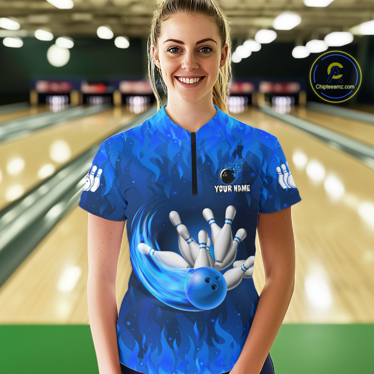 Personalized Flame Blue Bowling Shirt For Women Custom Fire Bowling Team Jersey Polo & 1/4 Zip TDM6090