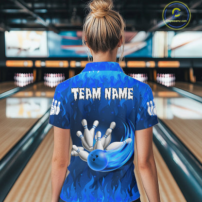 Personalized Flame Blue Bowling Shirt For Women Custom Fire Bowling Team Jersey Polo & 1/4 Zip TDM6090