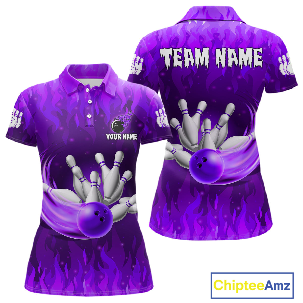 Personalized Flame Purple Bowling Shirt For Women Custom Fire Bowling Team Jersey Polo & 1/4 Zip TDM6091
