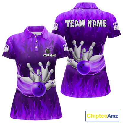 Personalized Flame Purple Bowling Shirt For Women Custom Fire Bowling Team Jersey Polo & 1/4 Zip TDM6091