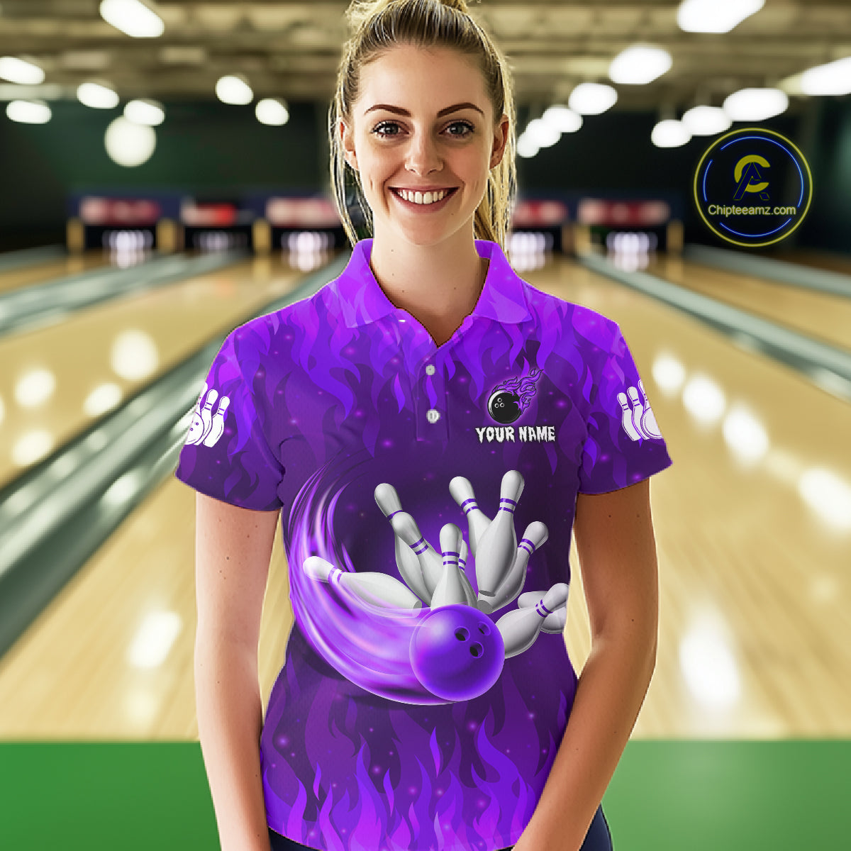 Personalized Flame Purple Bowling Shirt For Women Custom Fire Bowling Team Jersey Polo & 1/4 Zip TDM6091