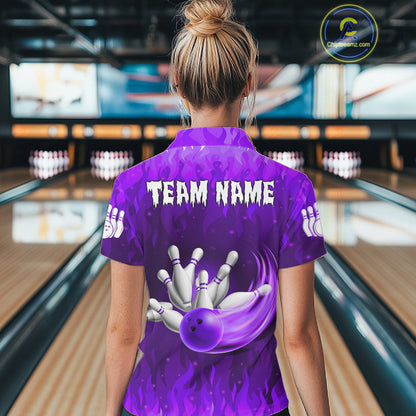 Personalized Flame Purple Bowling Shirt For Women Custom Fire Bowling Team Jersey Polo & 1/4 Zip TDM6091