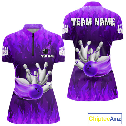 Personalized Flame Purple Bowling Shirt For Women Custom Fire Bowling Team Jersey Polo & 1/4 Zip TDM6091