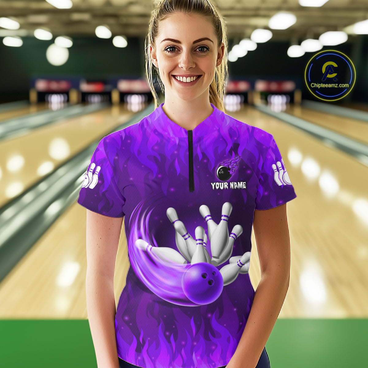 Personalized Flame Purple Bowling Shirt For Women Custom Fire Bowling Team Jersey Polo & 1/4 Zip TDM6091
