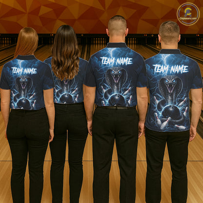 Custom Blue Lightning Cobra Snake Bowling Shirt For Men, Bowling Team Jersey Polo & 1/4 Zip TDM6350