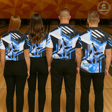 Load image into Gallery viewer, Custom Smoke Bowling Pins Polo &amp; Quarter Zip Shirt For Women, Bowling League Team Jersey |Blue TDM6522