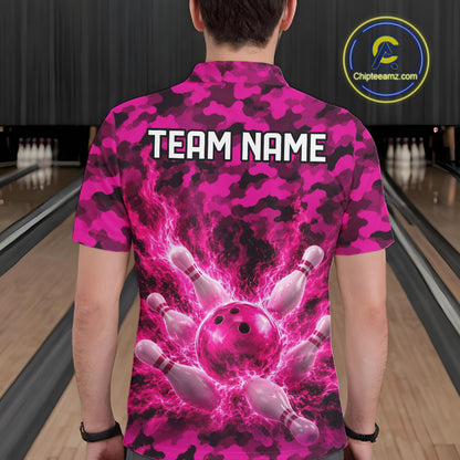Custom Pink Camo Lightning Flame Bowling Jersey For Men, Bowling Team Shirts Polo & 1/4 Zip TDM6524