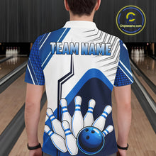 Load image into Gallery viewer, Custom White And Blue Bowling Ball Polo &amp; Quarter Zip For Men, Bowling Team Shirts, Bowling Jersey TDM6525