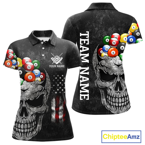 Personalized Grunge Skull Billiard Shirt For Women Custom Patriotic American Flag Pool Team Jerseys TDM4196