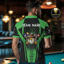 Load image into Gallery viewer, Back view of man wearing a green 9 ball cowboy pool shirt in a billiards hall.