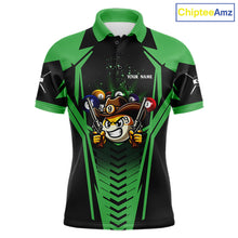 Load image into Gallery viewer, Green 9 ball cowboy billiard polo shirt for men with funny pool team graphics.