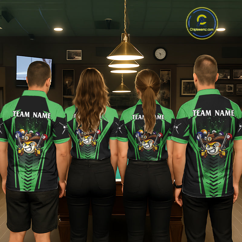 Back view of pool players wearing matching green cowboy billiard shirts in a game room.